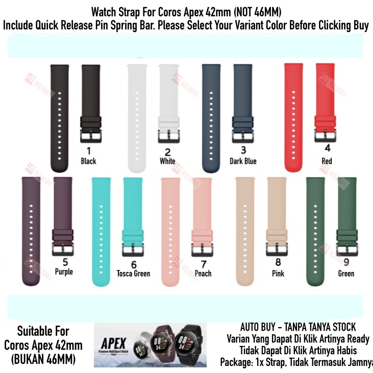 P20Q Watch Strap Coros Apex 42mm (BUKAN 46MM) - Tali Jam Tangan 20mm Rubber Silikon Halus