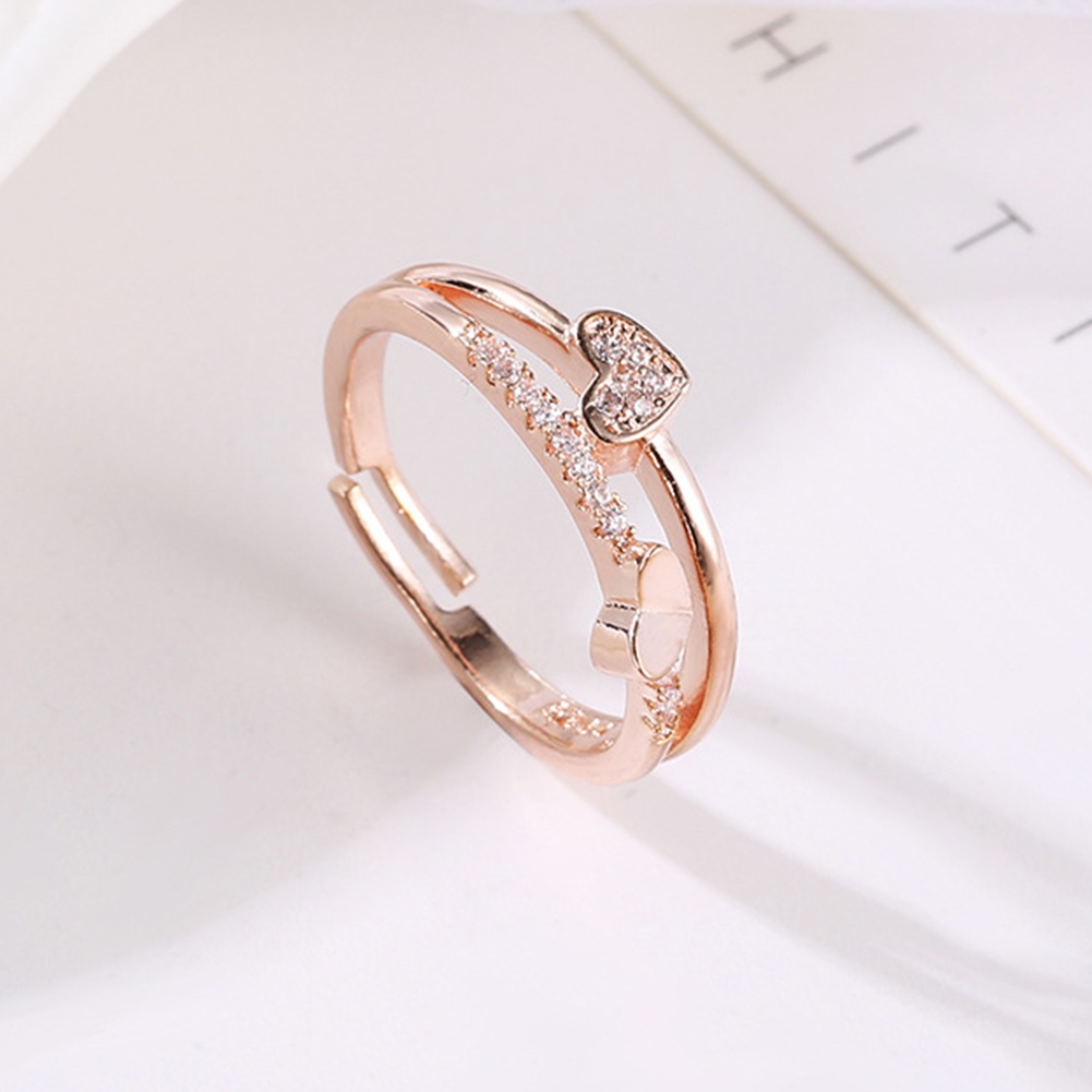 Hu Hu Hu Hu Hu Alat Bantu Pasang Kacamata♡ Cincin Model Terbuka Desain Hati Ganda Hollow Hias Berlian Imitasi Untuk Wanita