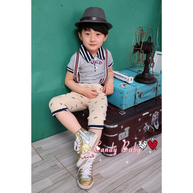 Baju anak cowok 4in1 setelan abu kaos kerah+celana+dasi+suspender import