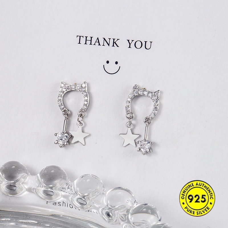 Anting Tusuk Silver Desain Kucing Aksen Rumbai Untuk Wanita