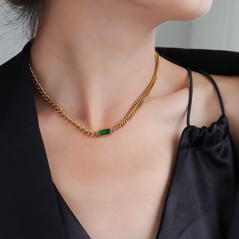 Set Kalung Gelang Rantai Ganda Hias Zamrud Zircon Gaya Retro Untuk Dekorasi