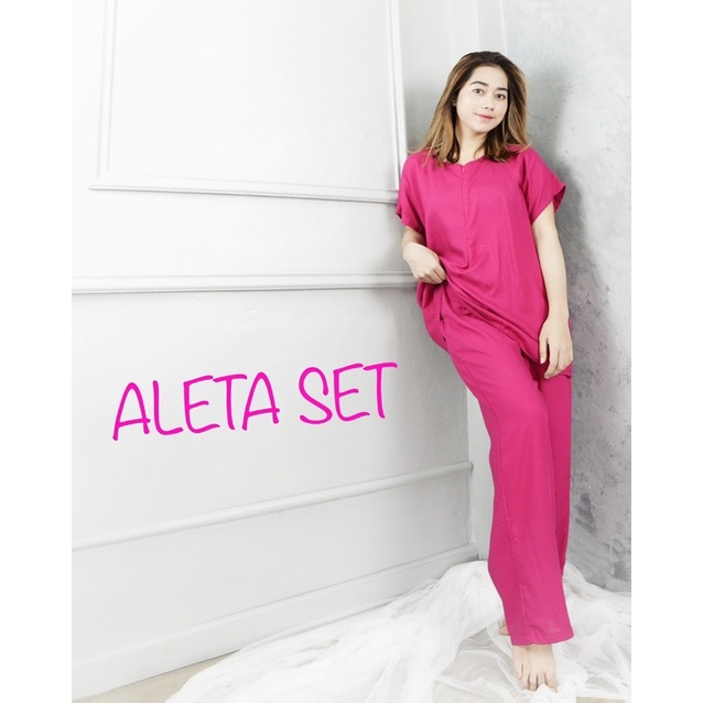 ALETA Set Piyama Rayon Polos Celana Panjang Babydoll One Set Wanita Busui Kekinian / BISA COD
