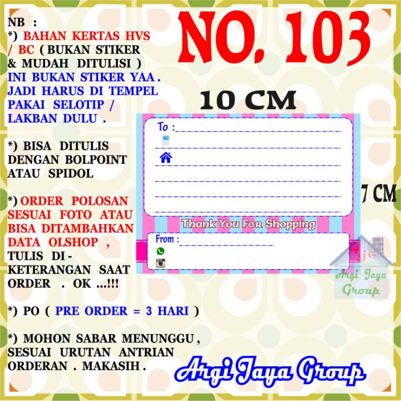 

Label Pengiriman Alamat Olshop Murah Nomer 103 - 10x7cm - Kertas BC (Manila)