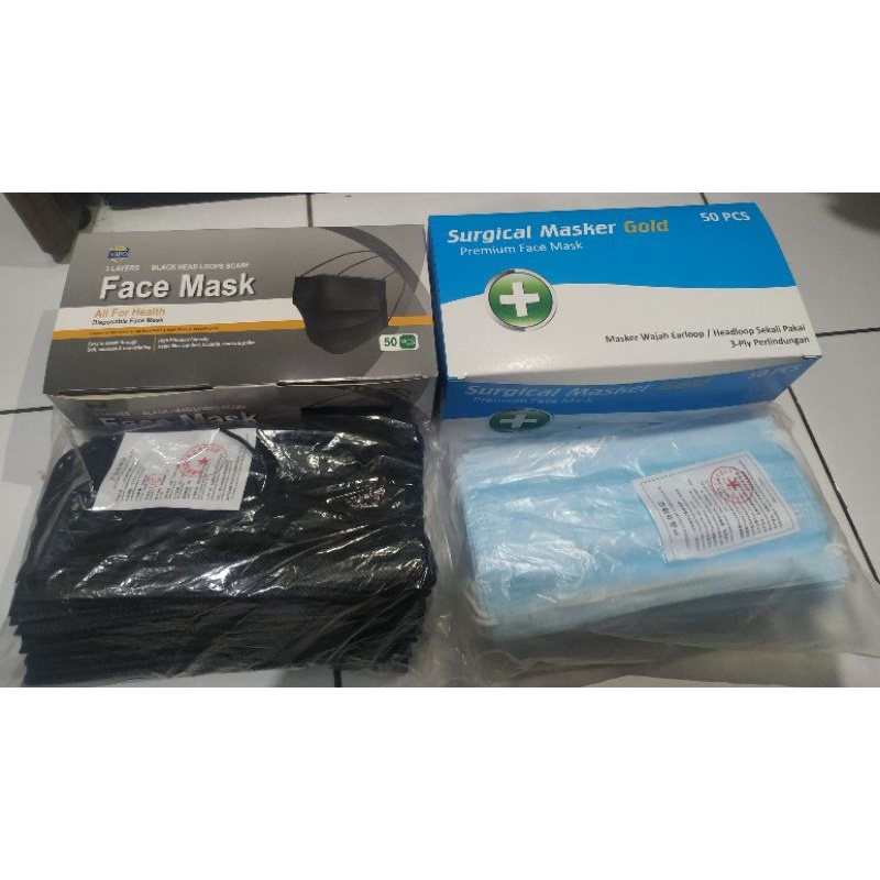 masker 3 ply aneka warna. earloop dan headloop (hijab). kemasan pakai box isi 50pcs