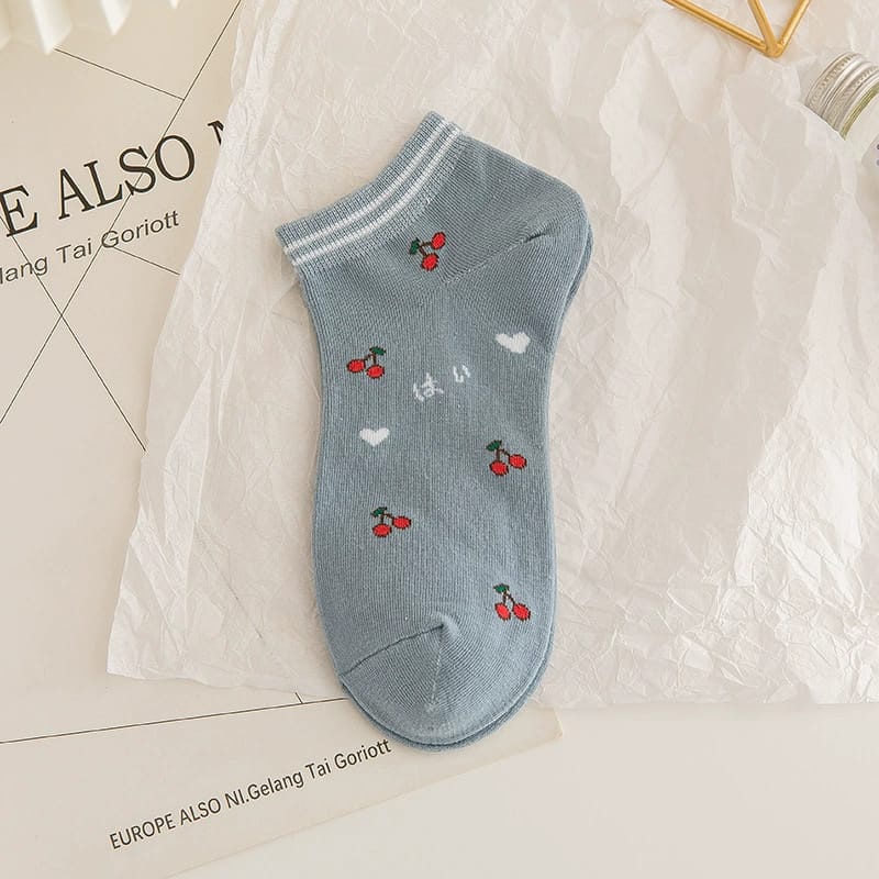 ✌️ Veshop ✌️ A185 Kaos Kaki Wanita Motif Gadis Bunga Kaoskaki Lucu Fashion Korea Women Sock Import-CHERRY BIRU