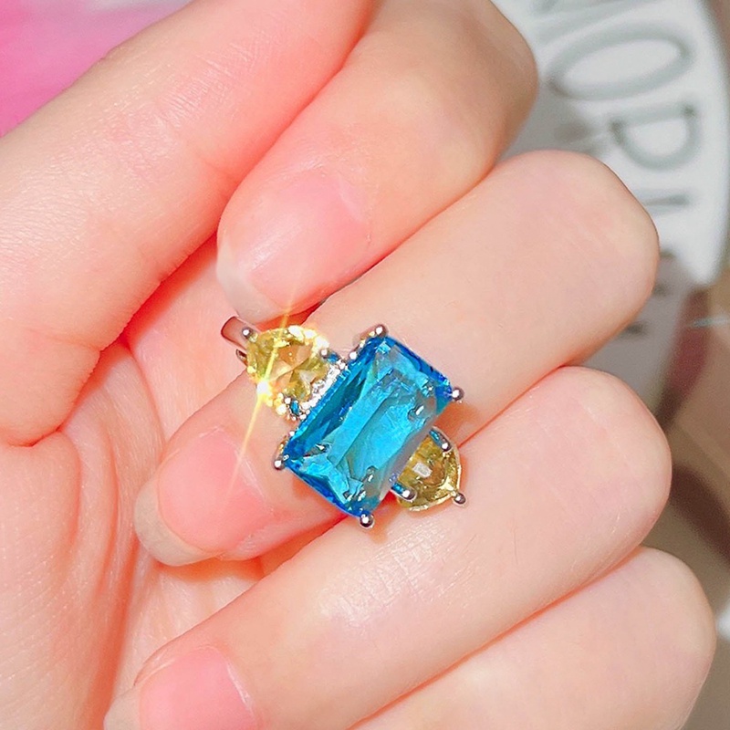 Cincin Zircon Bentuk Kotak Warna Pink Kuning Biru Hijau Untuk Wanita