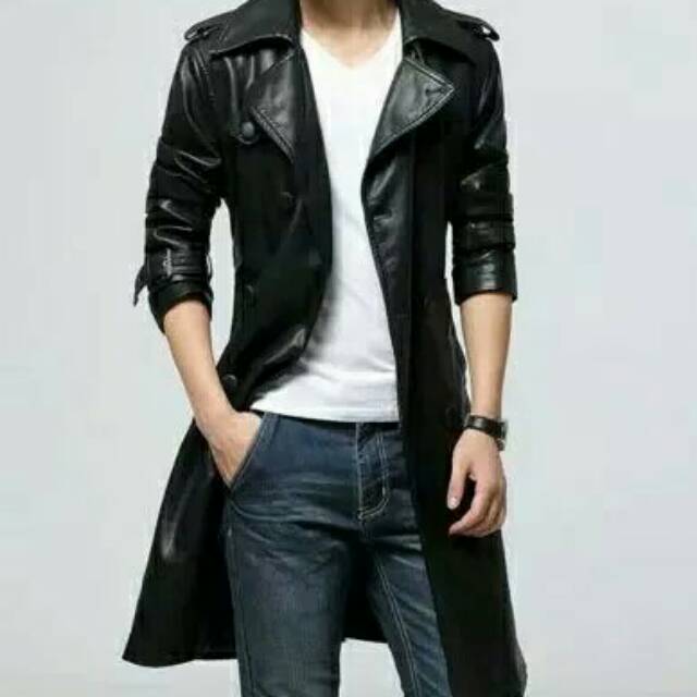 Long coat pria kulit sintetis