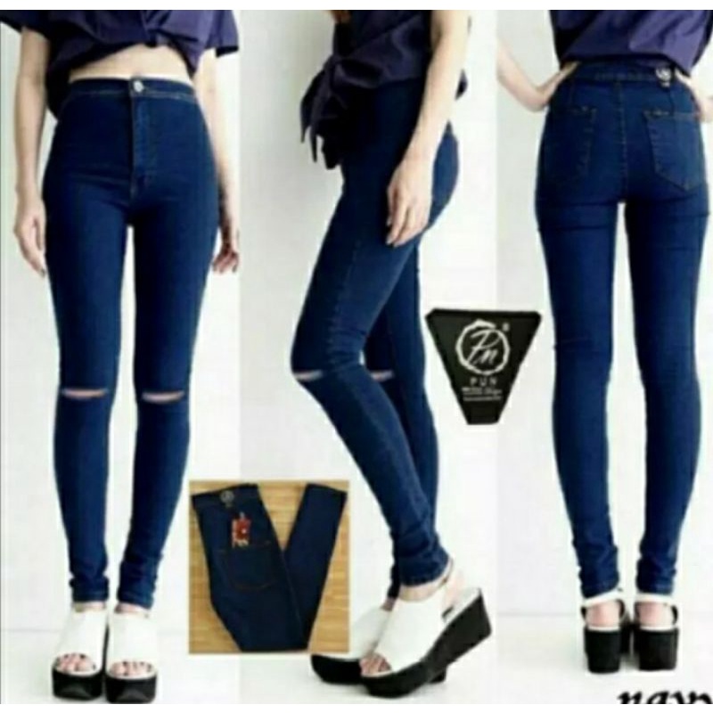 Celana jeans HW wanita sobek lutut Size 27-34