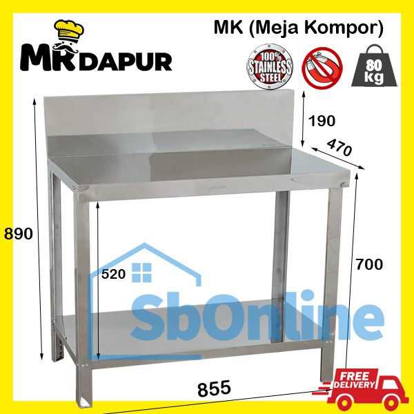 Meja Dapur / Kompor Stainless Steel Mr Dapur 2 Rak MK Serbaguna