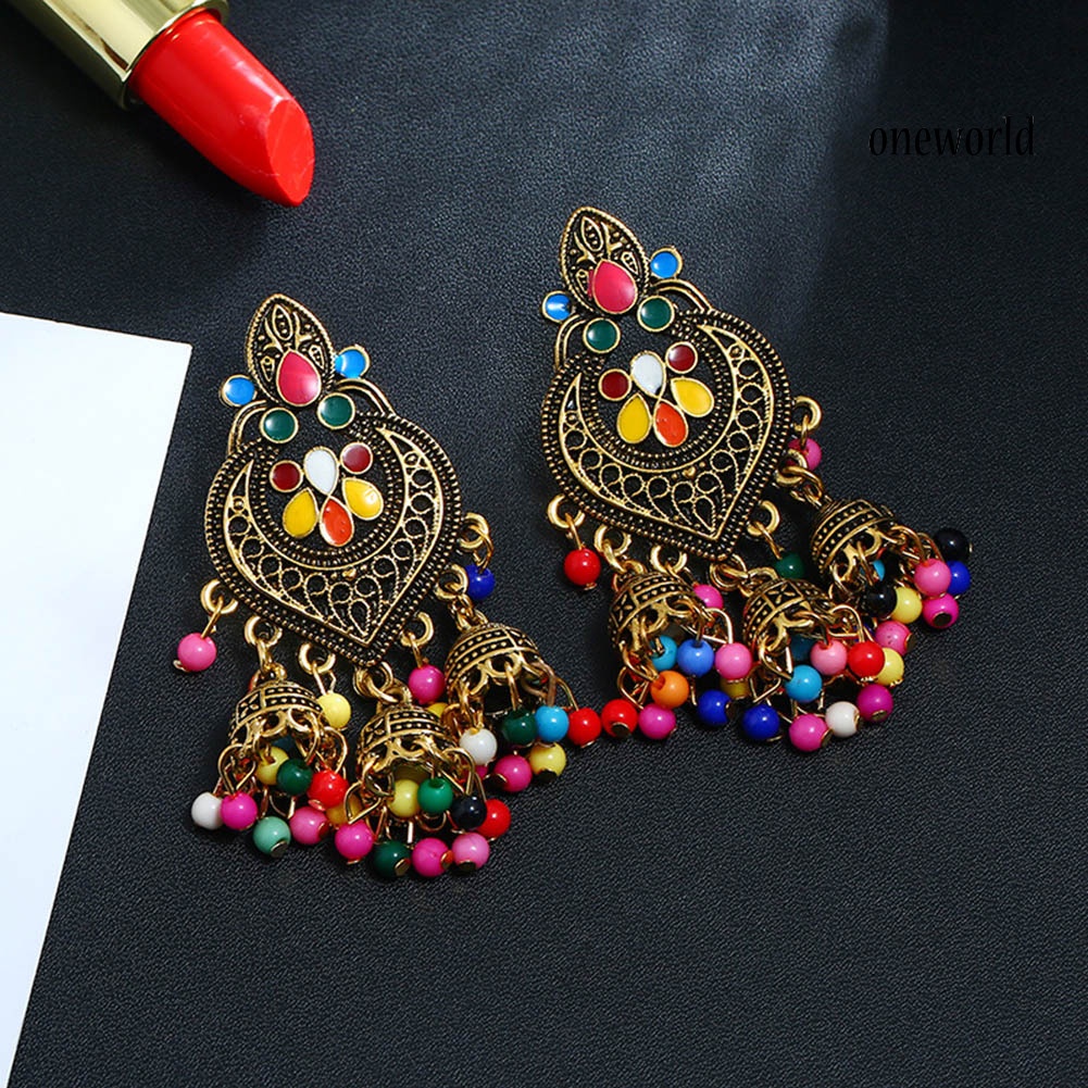 OW# Bohemian Women Heart Bead Tassel Dangle Ear Stud Earrings Statement Jewelry Gift