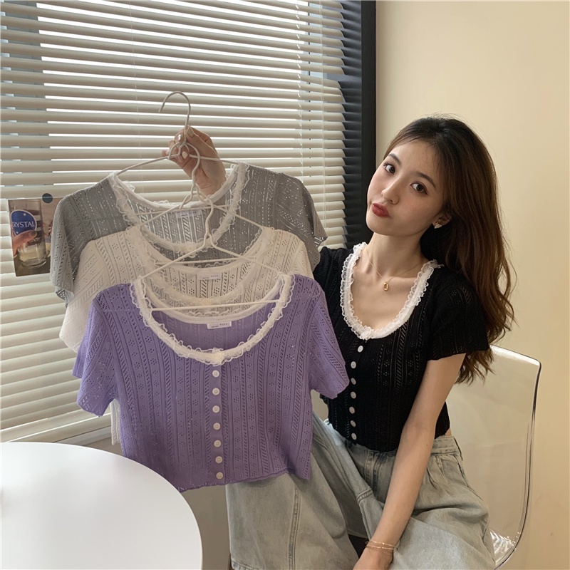 ⭐[PREMIUM] Atasan crop rajut top renda gaya korea basic top