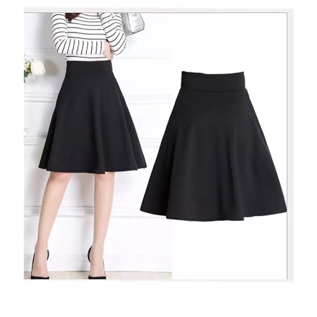 ROK PENDEK POLOS MIDI FLARE SKIRT SCUBA / ROK PENDEK MAYUNG BAHAN SCUBA / ROK HITAM