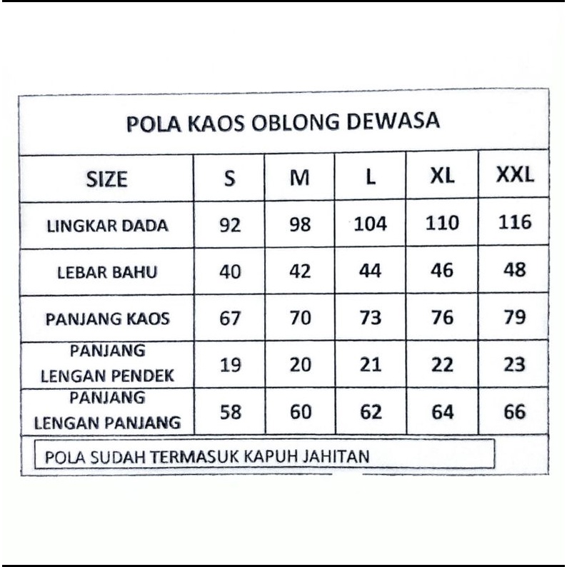 POLA KAOS OBLONG DEWASA  (SATU SET 5 UKURAN )