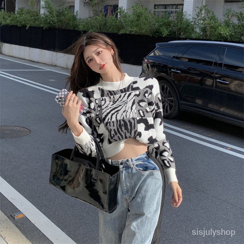 Pakaian Rajut Wanita Musim Gugur Dan Musim Dingin Baru Leopard Print Pullover Sweater Rajutan Leher