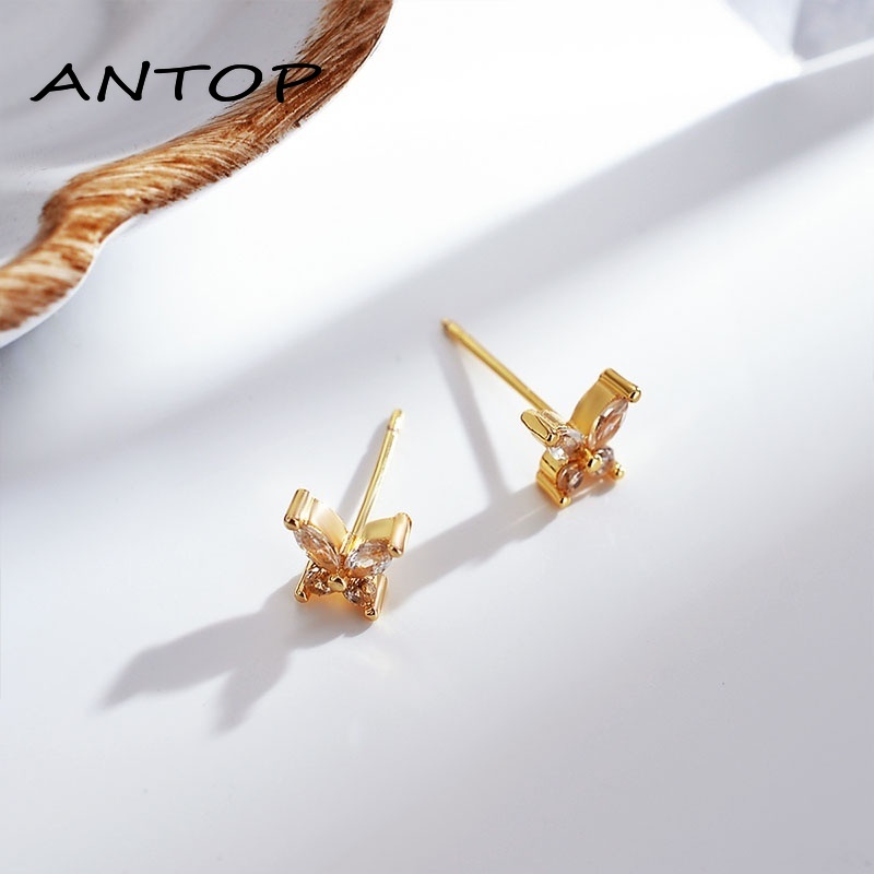 Korea Fashion Micro-Inlaid Zircon Kupu-kupu Anting-Anting Emas Sederhana Temperamen Anting Aksesoris Wanita ANTOP