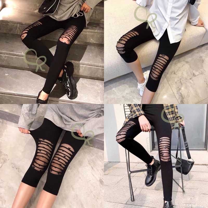 Legging Import Fashion Wanita Kombinasi Brukat Jala Katun Panjang Pendek 7/8 Fit Jumbo