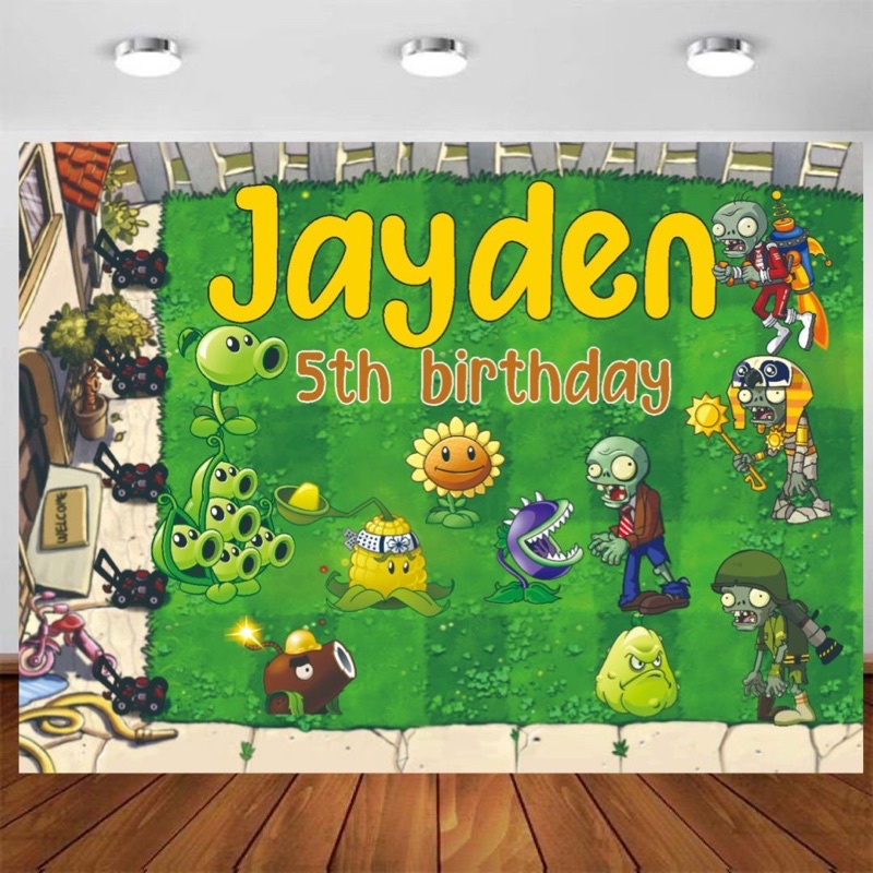Custom backdrop banner plants and zombie birthday ultah anak