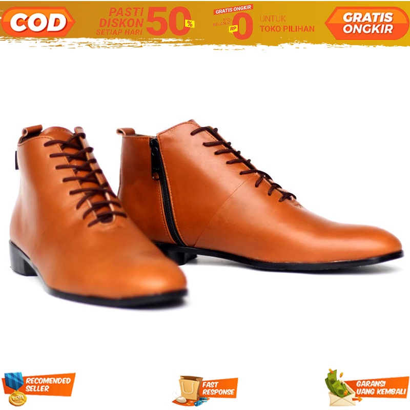 Cod Sepatu Boots Fashion Formal Pull Kulit Asli Zipper/Resleting Peninggi Badan Pria Hak 4cm - Panto