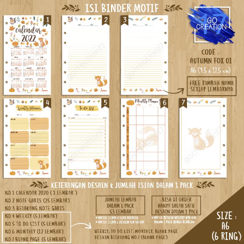 

Buku Planner isi Kertas Binder Motif Autumn Fox 01 Premium A6 ring 6