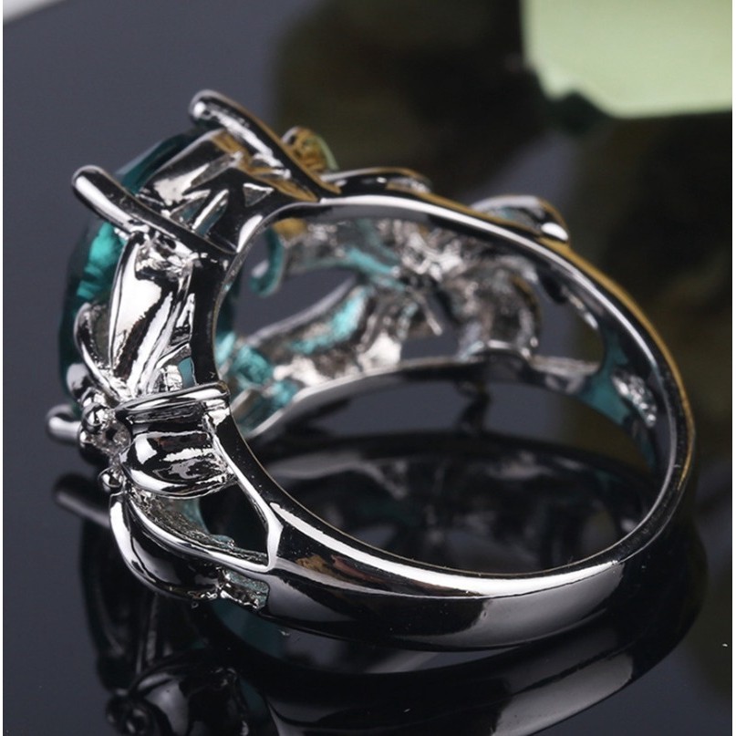 Cincin Tunangan / Kawin Model Bunga Krisan Aquamarine Warna Silver untuk Wanita