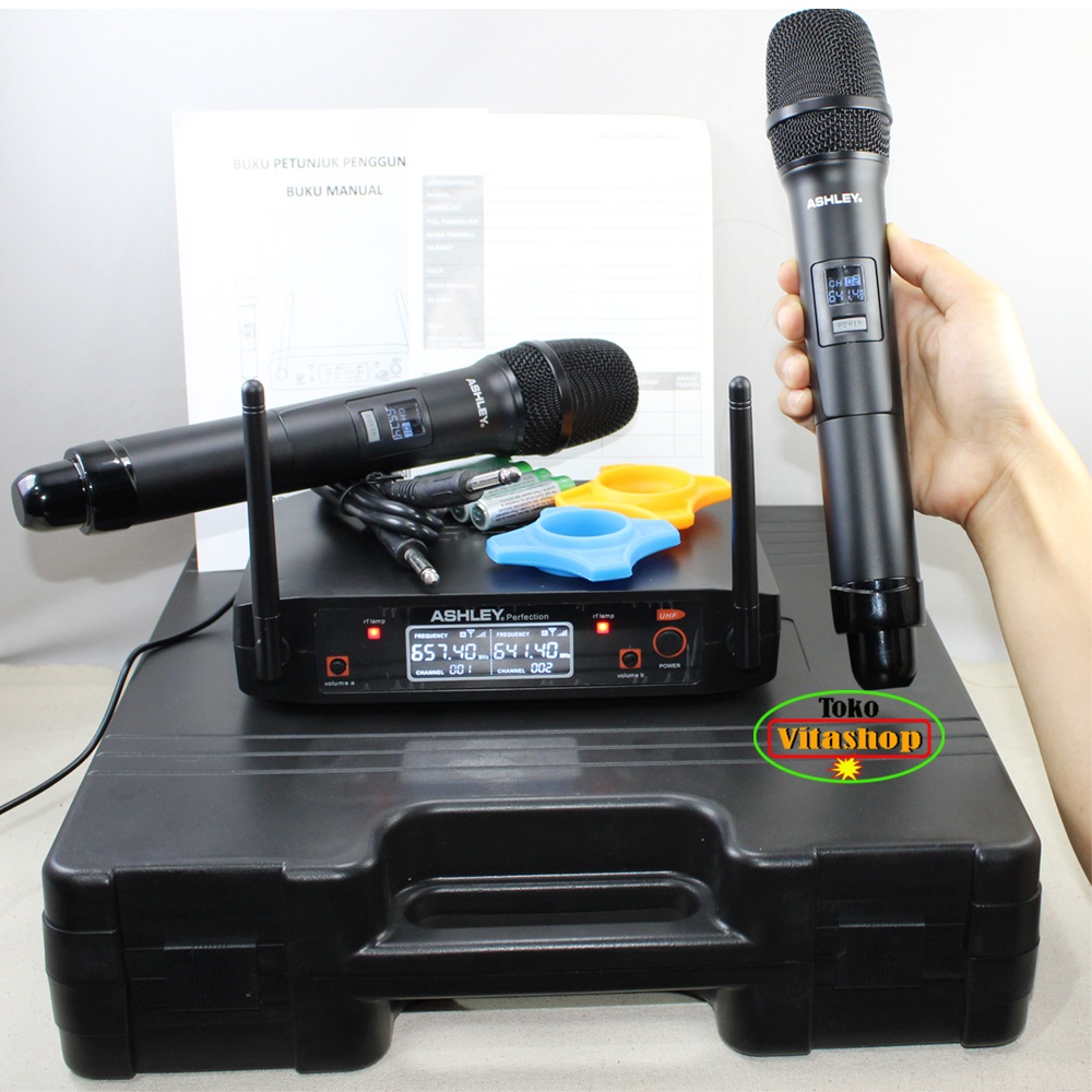 MICROPHONE ASHLEY PERFECTION MIC WiIRELESS 2 HANDLE MIKROFON KARAOKE SUARA JERNIH