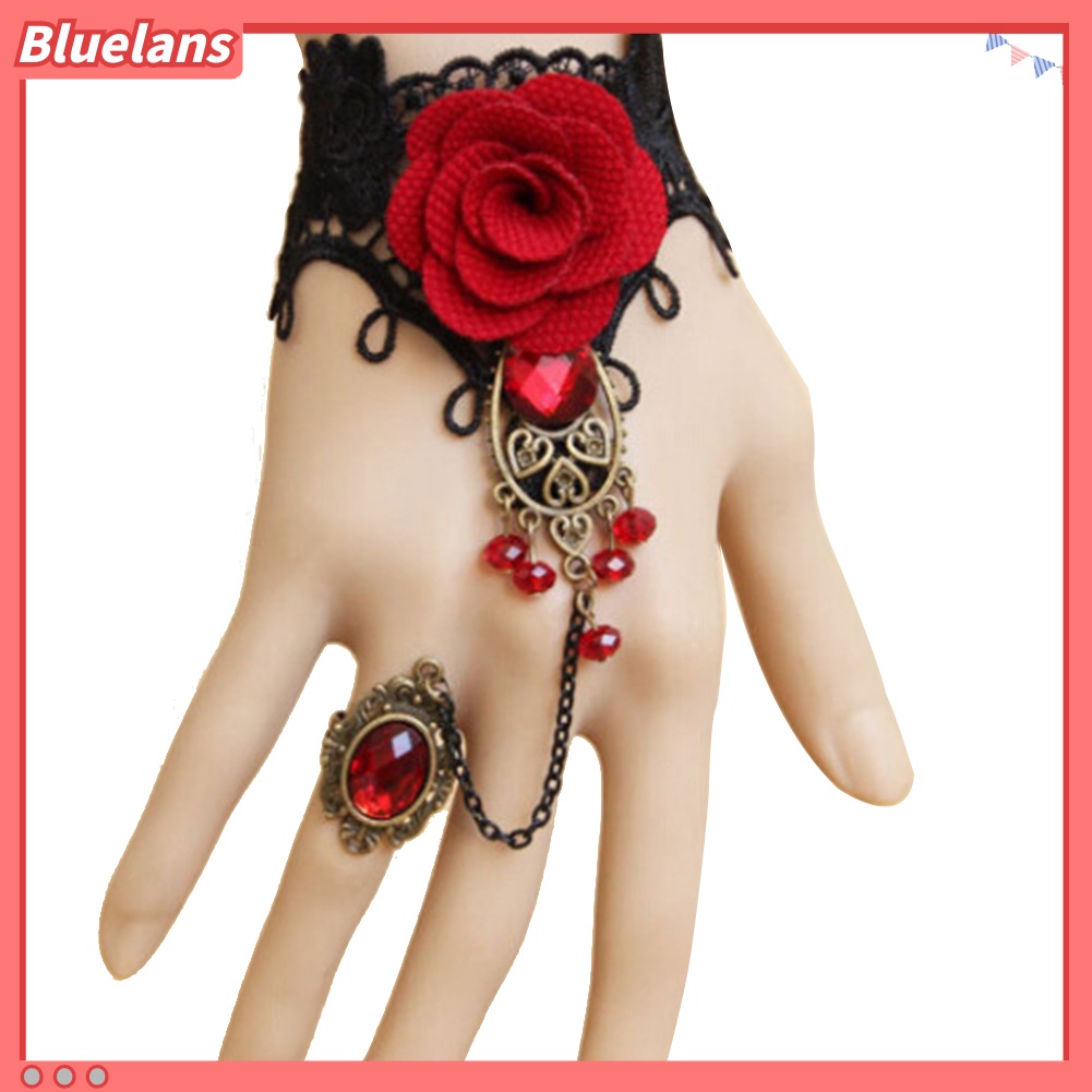 Bluelans Elegant Women Gothic Style Lace Rose Flower Bracelet with Adjustable Finger Ring