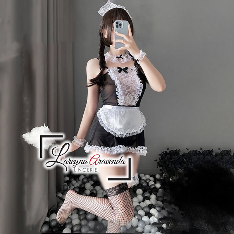 Set Lingerie Sexy + G String + Bando Model Cosplay Maid Eropa LG059