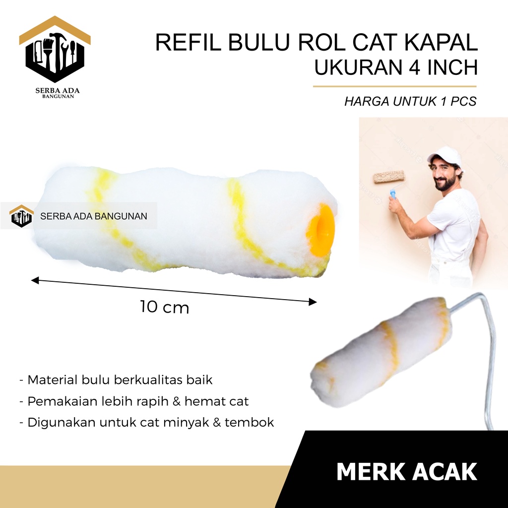 BULU ISI REFILL KUAS KAKI PANJANG 4INCH ROLL KAPAL / HARGA PER 1PCS ECER / CAT ATAP DINDING TEMBOK