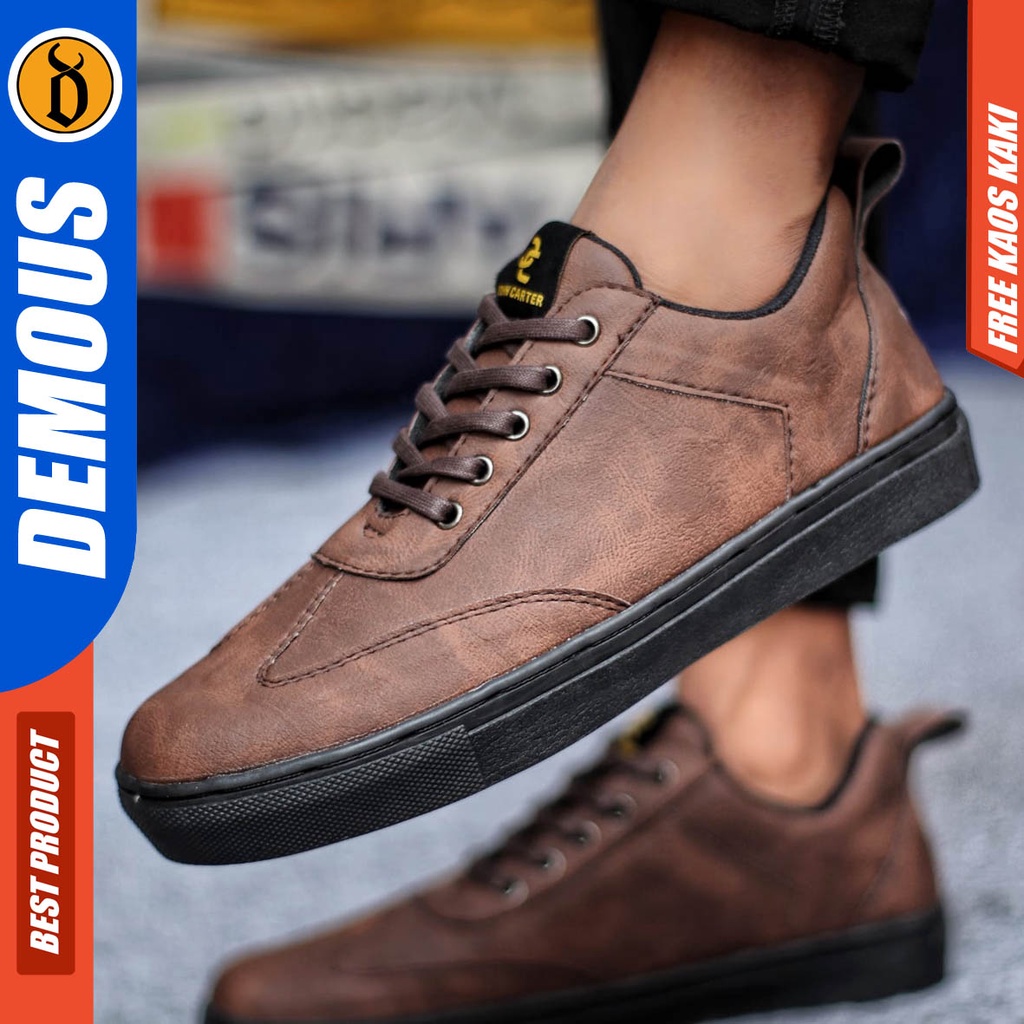 Sepatu Sneakers Casual Pria Kulit Pu Kerja Hitam Coklat Demous Autentic