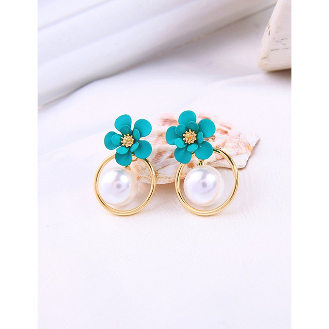LRC Anting Tusuk Fashion Green Drop Oil Flower Geometric Circle Pearl Earrings D13952