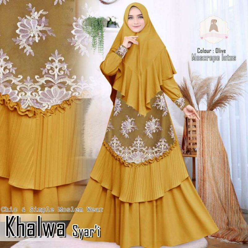 Khalwa Syari Set, SETELAN GAMIS SYARI SUPER CANTIK FIT XXXL LD 110-134 BAHAN MOSCREPE LOTUS MIX TILE TERMURAH OOTD