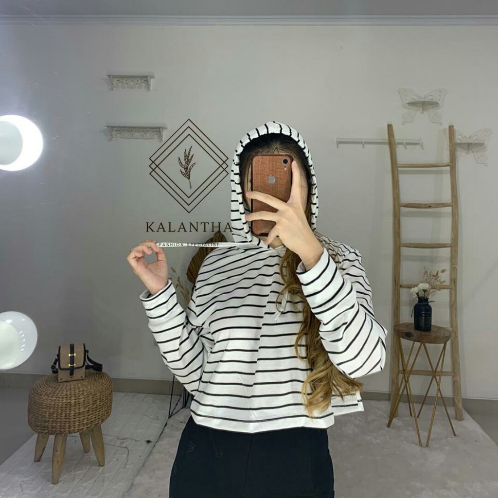 SALE !! KALANTHA FASHION Crop Tee Salur Hoodie Wanita Kekinian All Size-5