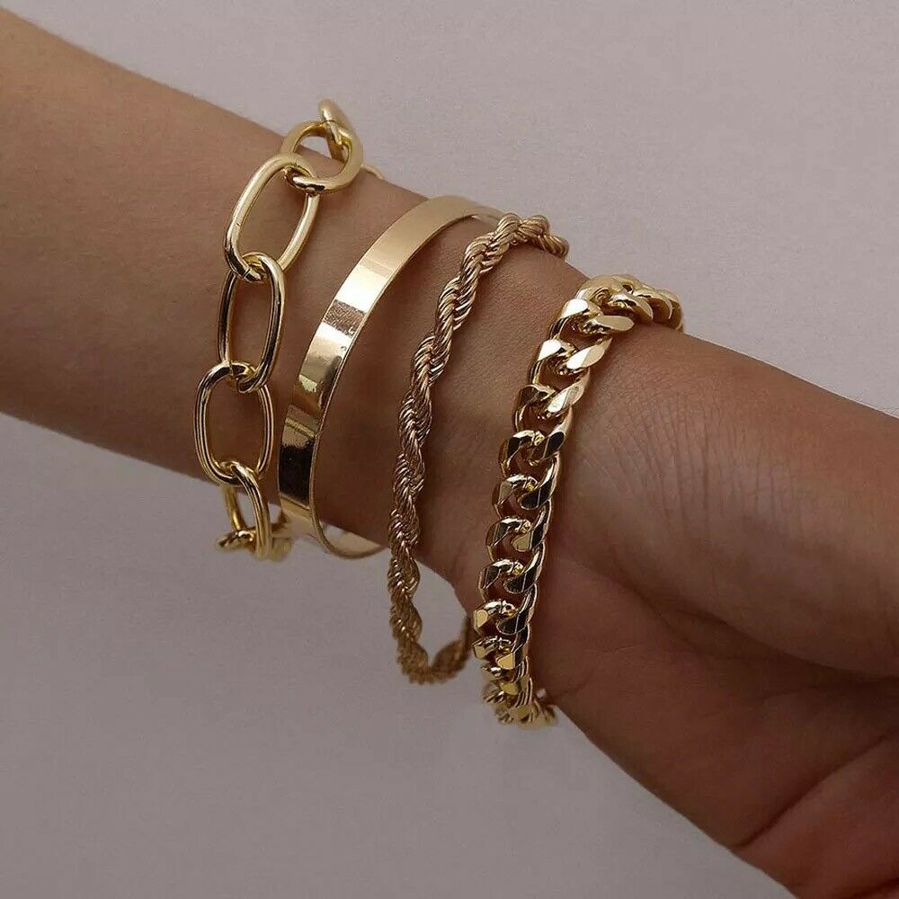 4 buah Gelang Set Emas dan Perak Rantai Kuba Hip-hop Wanita