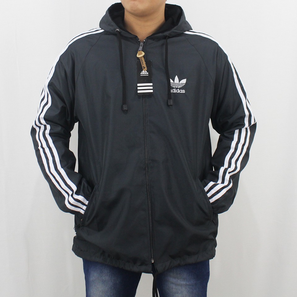 JAKET ADIDAS PARASUT WINDBREAKER HITAM LIST PUTIH  - JAKET PARASUT RUNNING - JAKET OLAH RAGA XL XXL