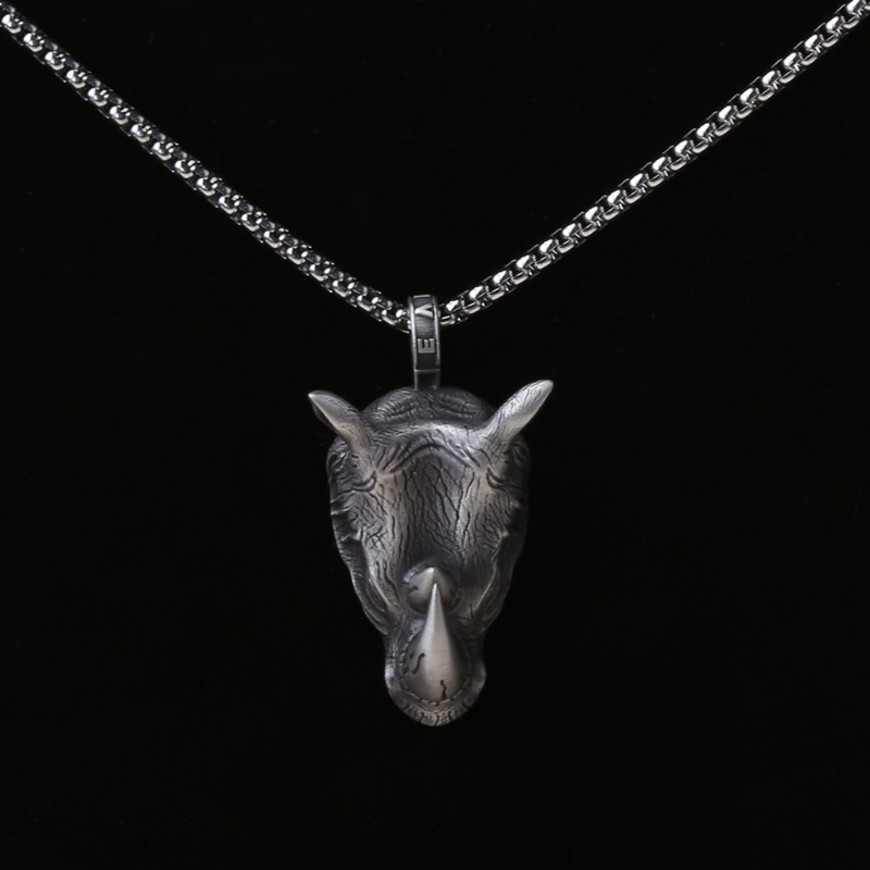 Glitter Vintage Norse Rhinoceros Pendant Necklace for Men Biker Punk Rock Animal Rhino Head Pendants with 24 inch Steel Chain