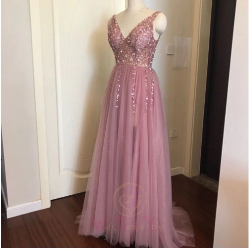 Gaun Prom beaded dusty pink&baby blue