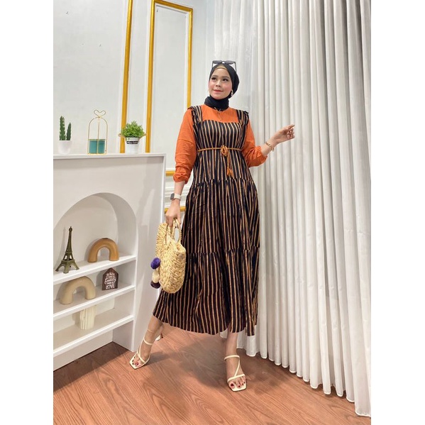 Midi Dress Rayon Motif Salur Kombinasi Free Belt