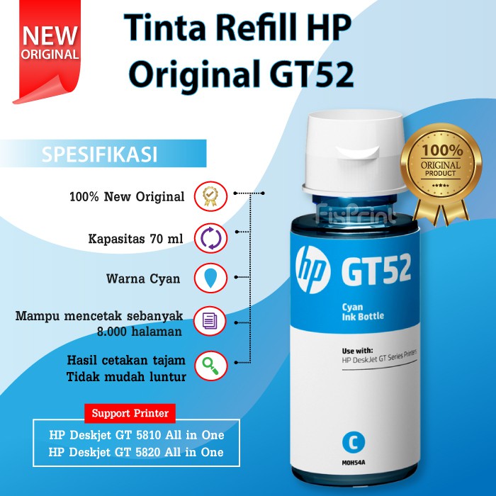 Tinta HP Original GT52 Cyan M0H54A 70ml Printer Ink Tank 115 315 415 319 419 HP GT5810 GT5820