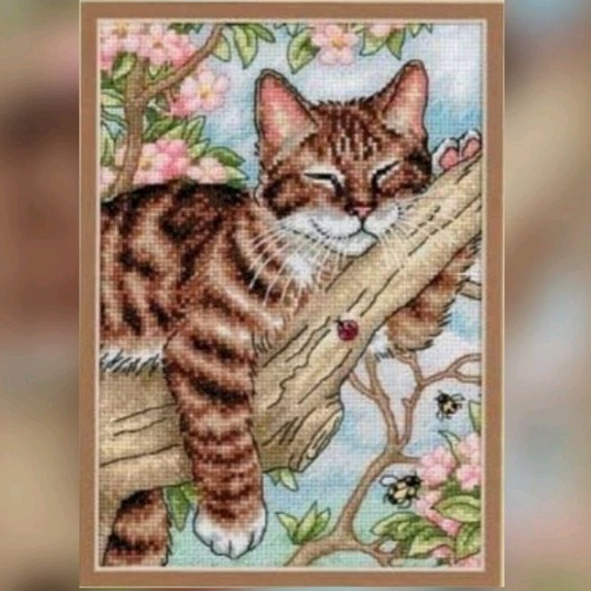 DIY Paket kristik kucing lazy cat dahan pohon pola kain cross stitch 14ct craft sulaman jahit silang