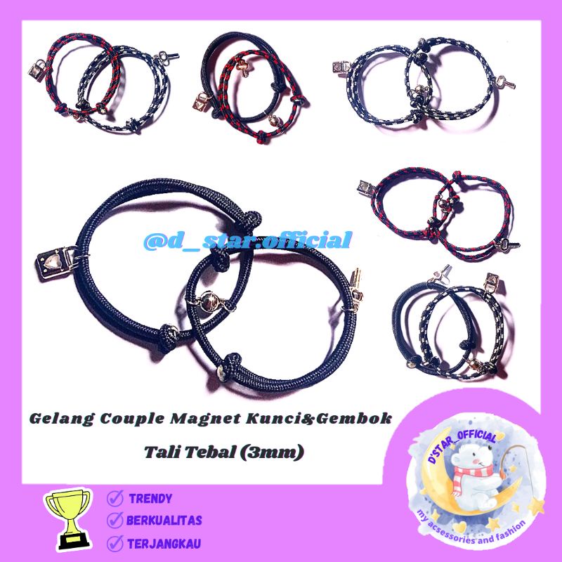gelang couple magnet kunci gembok bahan tali tebal warna hitam merah putih gelang pria wanita copel 
