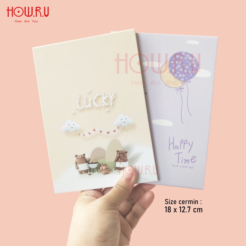 HOW.R.U | 18 x 12 cm - Cermin Lipat / Cermin Saku Korea Warna Pastel Motif Karakter Lucu