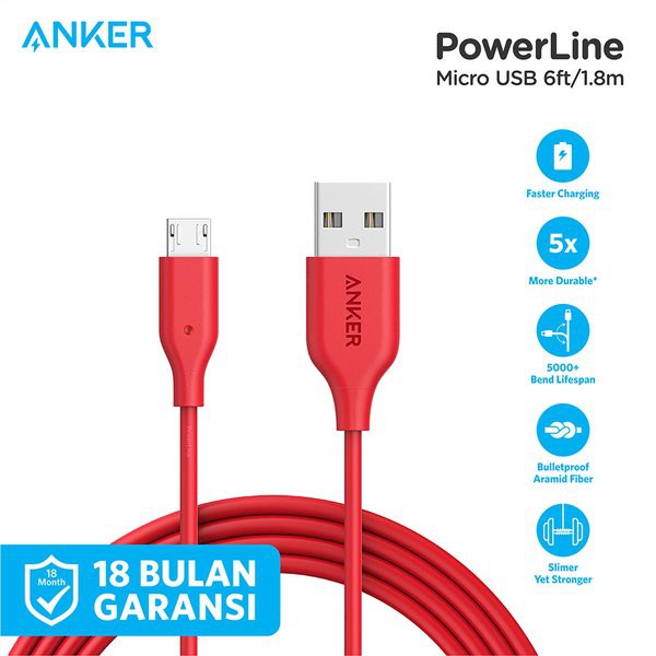 Miliki Anker Kabel PowerLine 6ft Micro USB Merah - A8133H91 Diskon