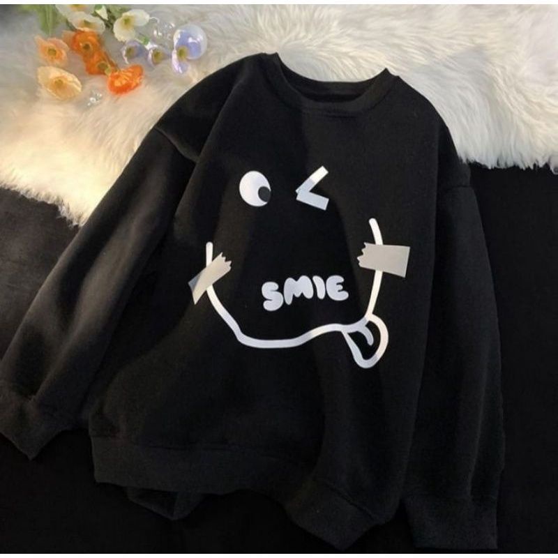 Sweater Lucu Wanita - SMILE Oblong Crewneck Sweater - Sweatshirt Sweater Oversize - Sweater Emot Lucu Wanita
