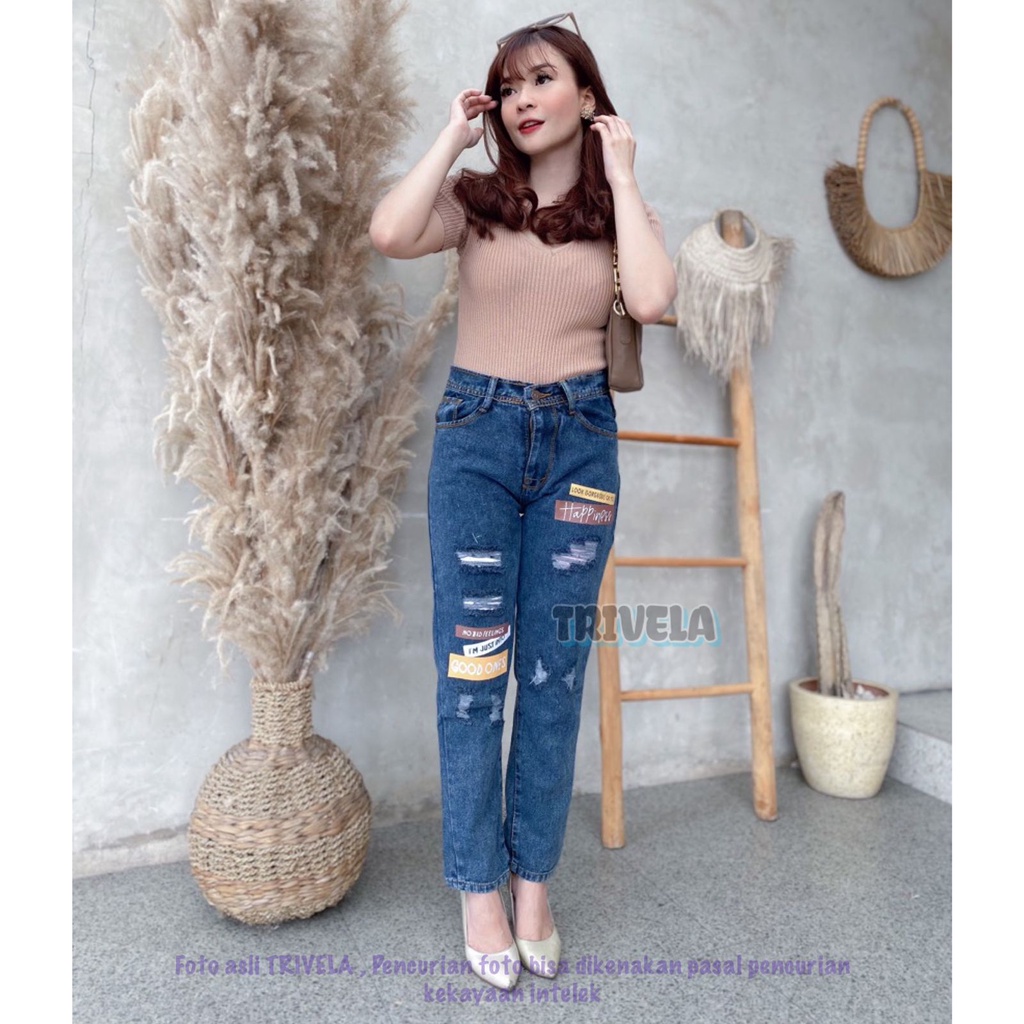 Boyfriend Jeans Happiness / Boyfriend Jeans Sobek Sablon / Boyfriend Sobek Lapis