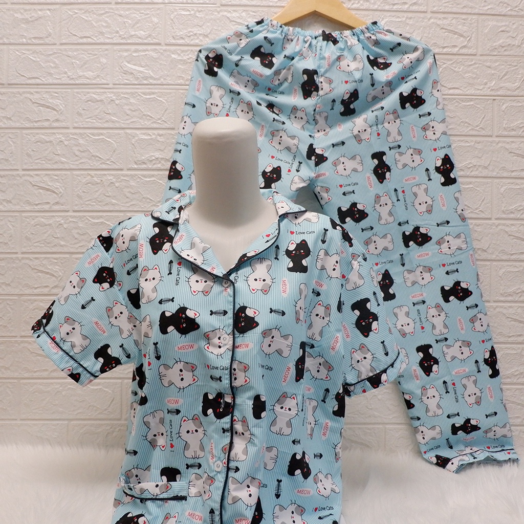 Baju Tidur Piyama Wanita Dewasa Setelan CP Motif Trendy-CPL CAT STRIPE BLUE