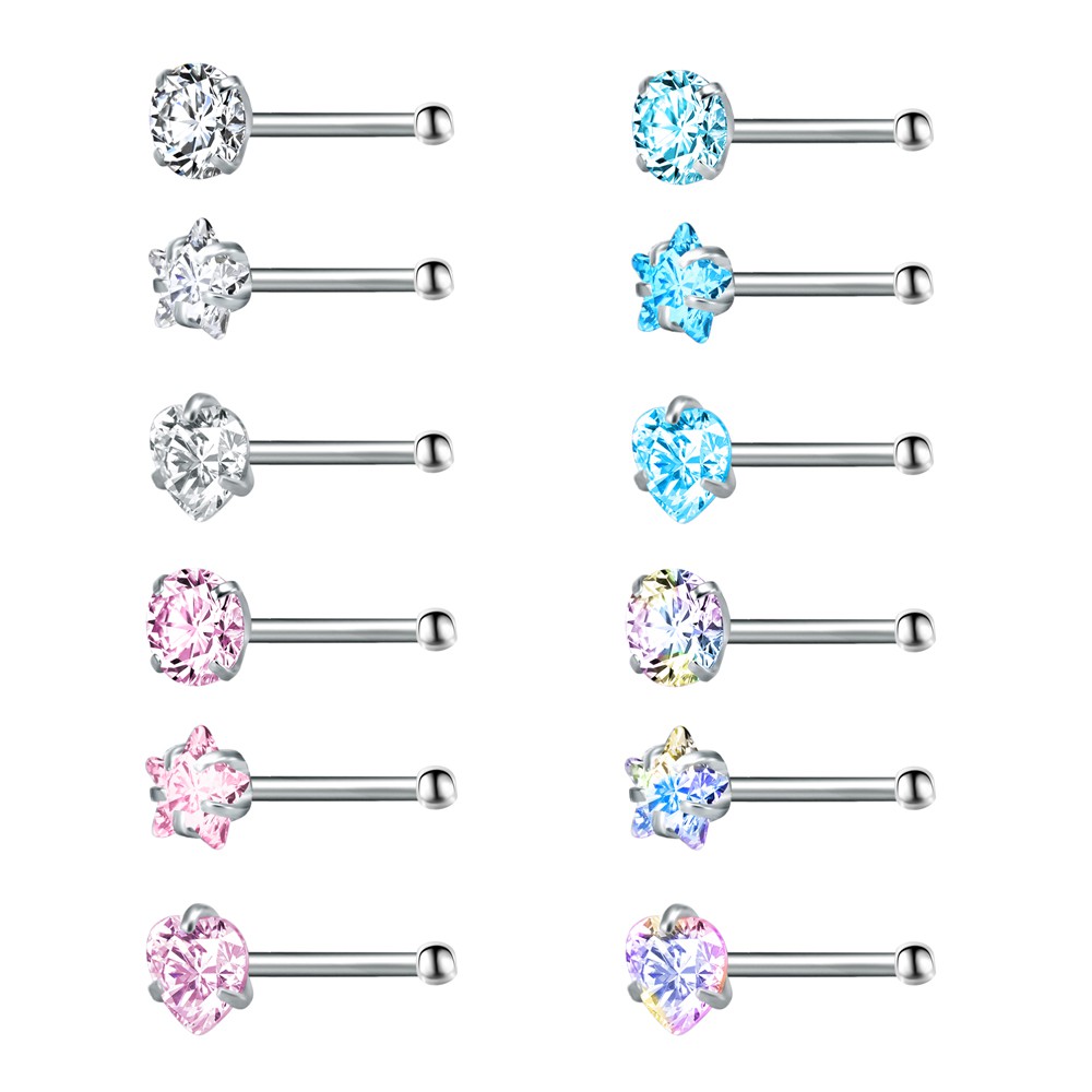 12pcs / Set Anting Tindik Hidung 20g Bahan Stainless Steel 316l Hias Kristal Warna Biru