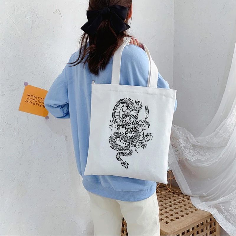 Tas Tote Resleting Gambar Naga Tas Pembelanja Tas Wanita Gaya Punk Gotik Kapasitas Besar Harajuku Tas Bahu Klasik Tas Tangan