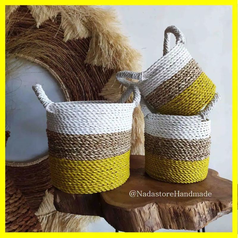 HIASAN KERANJANG ANYAM KUPING-COVER VAS KUPING-COVER POT ANYAM ISI 3 PCS  SEAGRASS BASKET