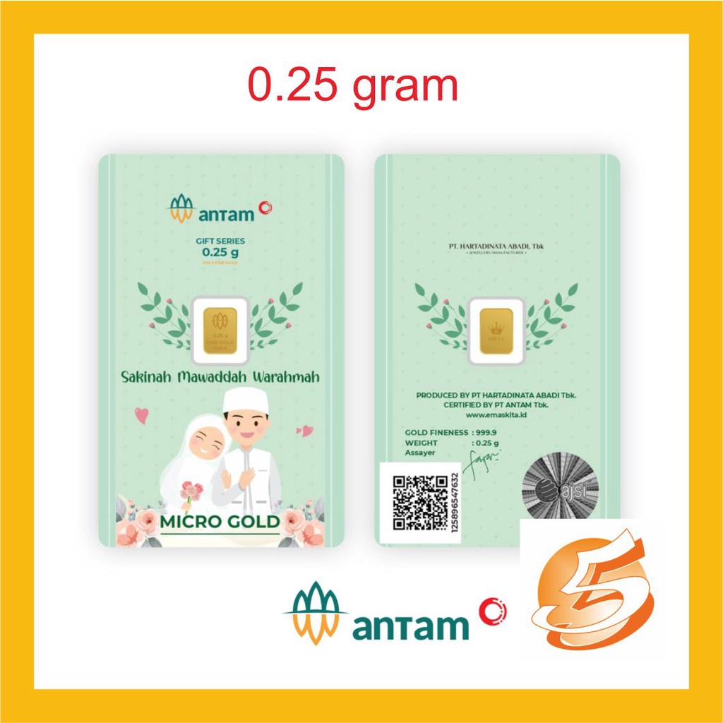 Emas Logam Mulia ANTAM HARTADINATA ABADI 0,25 0.25 Gram kecil micro Edisi Happy Wedding Samawa/Nikah