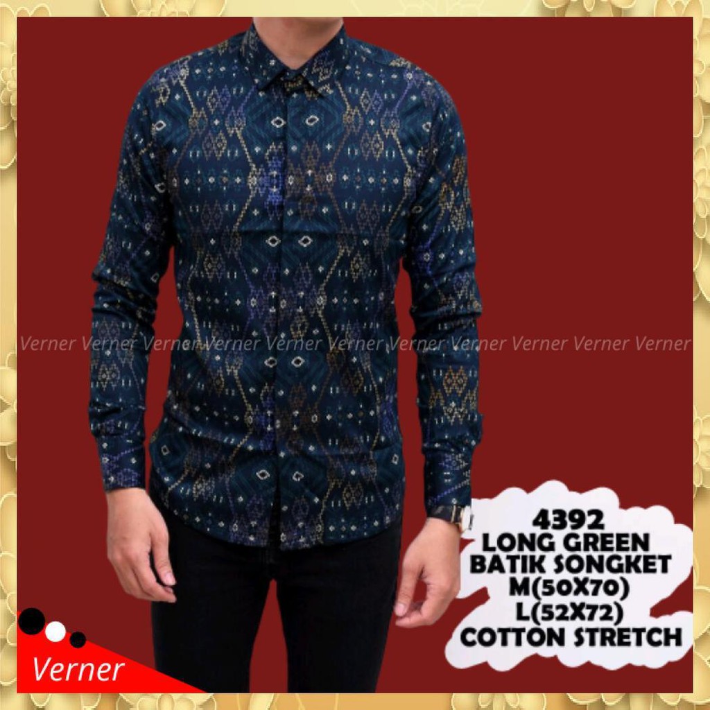Batik Songket Pria Slim Fit 4392 - Kemeja Kerja Pria Slim Fit 4392 - Hijau, M